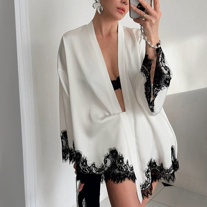 Sexy White Satin Robe w/ Black Eyelash Trim & matching short