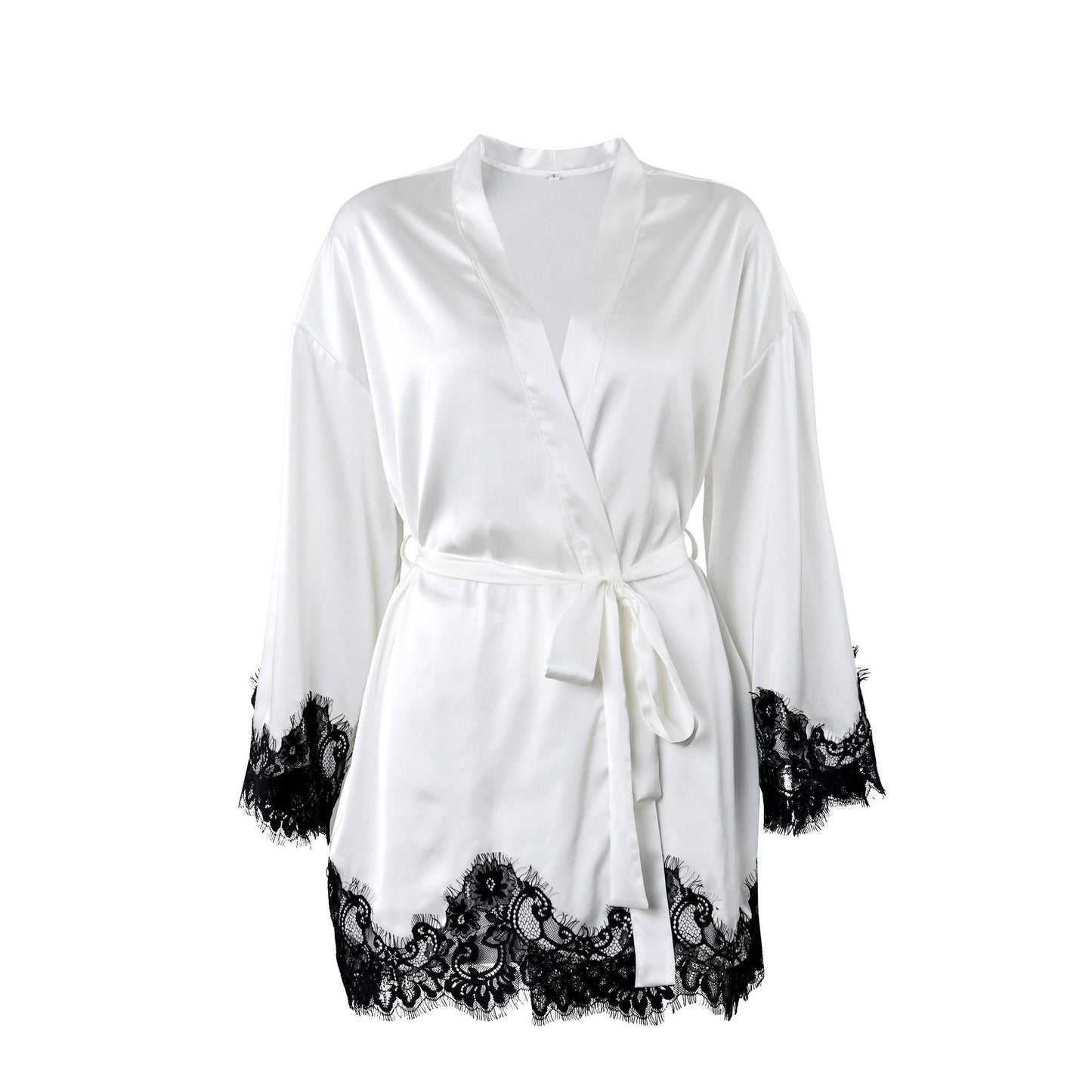 Sexy White Satin Robe w/ Black Eyelash Trim & matching short