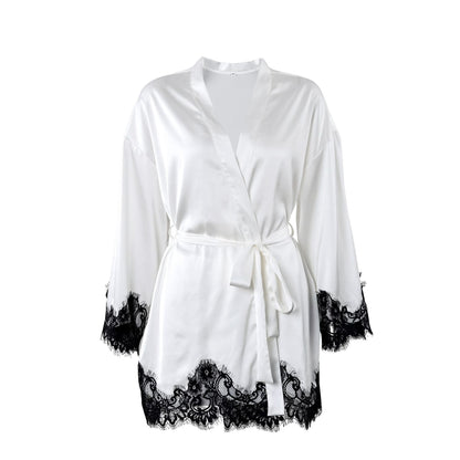 Sexy White Satin Robe w/ Black Eyelash Trim & matching short