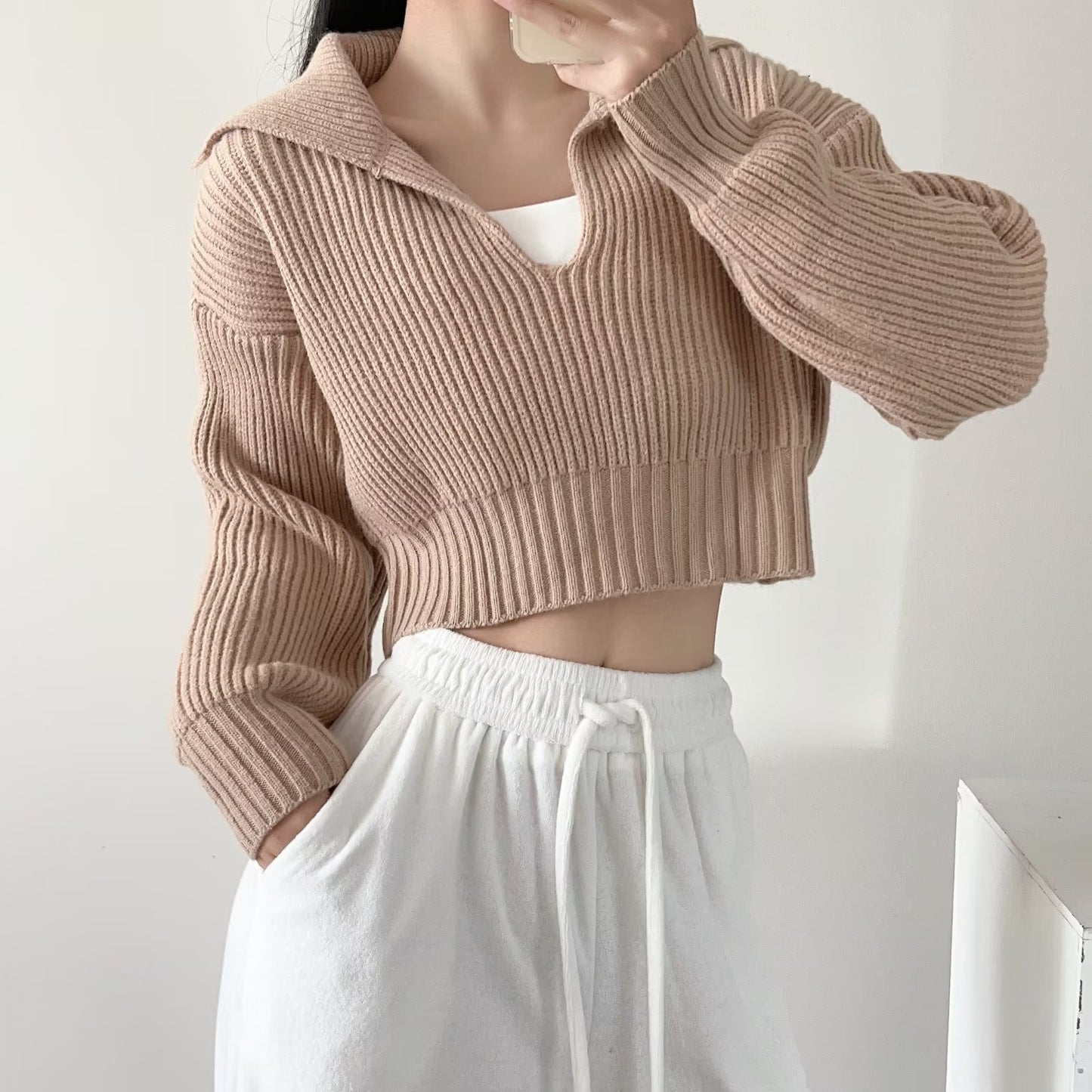 Spring Autumn Four-Color Loose Large Collared All Matching Sweater Women Loose Cropped Sweater Internet Celebrity Sweater Top