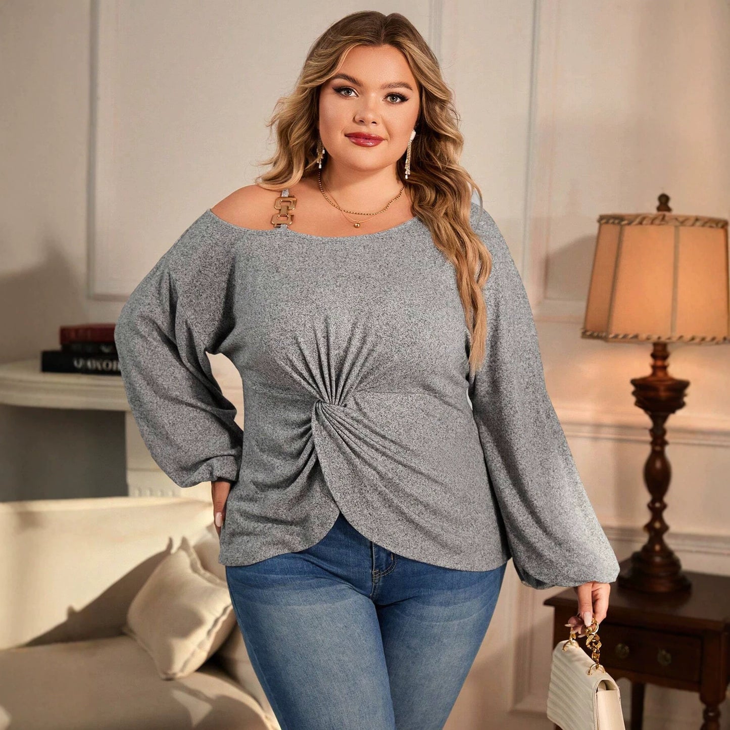 Plus Size Heather Grey Off Shoulder Twisted Long Sleeved W./ Metal Buckle detail