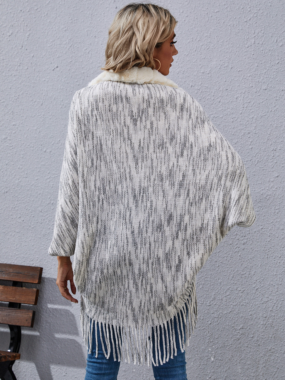 Light Grey Fur trim Fur Asymmetric Sweater Shawl