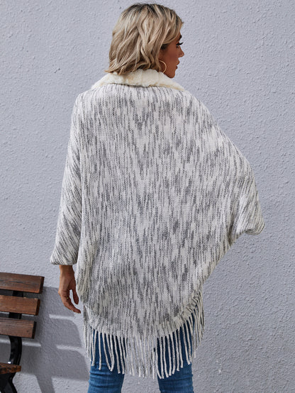Light Grey Fur trim Fur Asymmetric Sweater Shawl