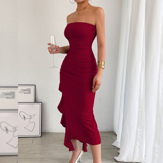Strapless Long Slim Fit Dress w/ Ruffle on Side