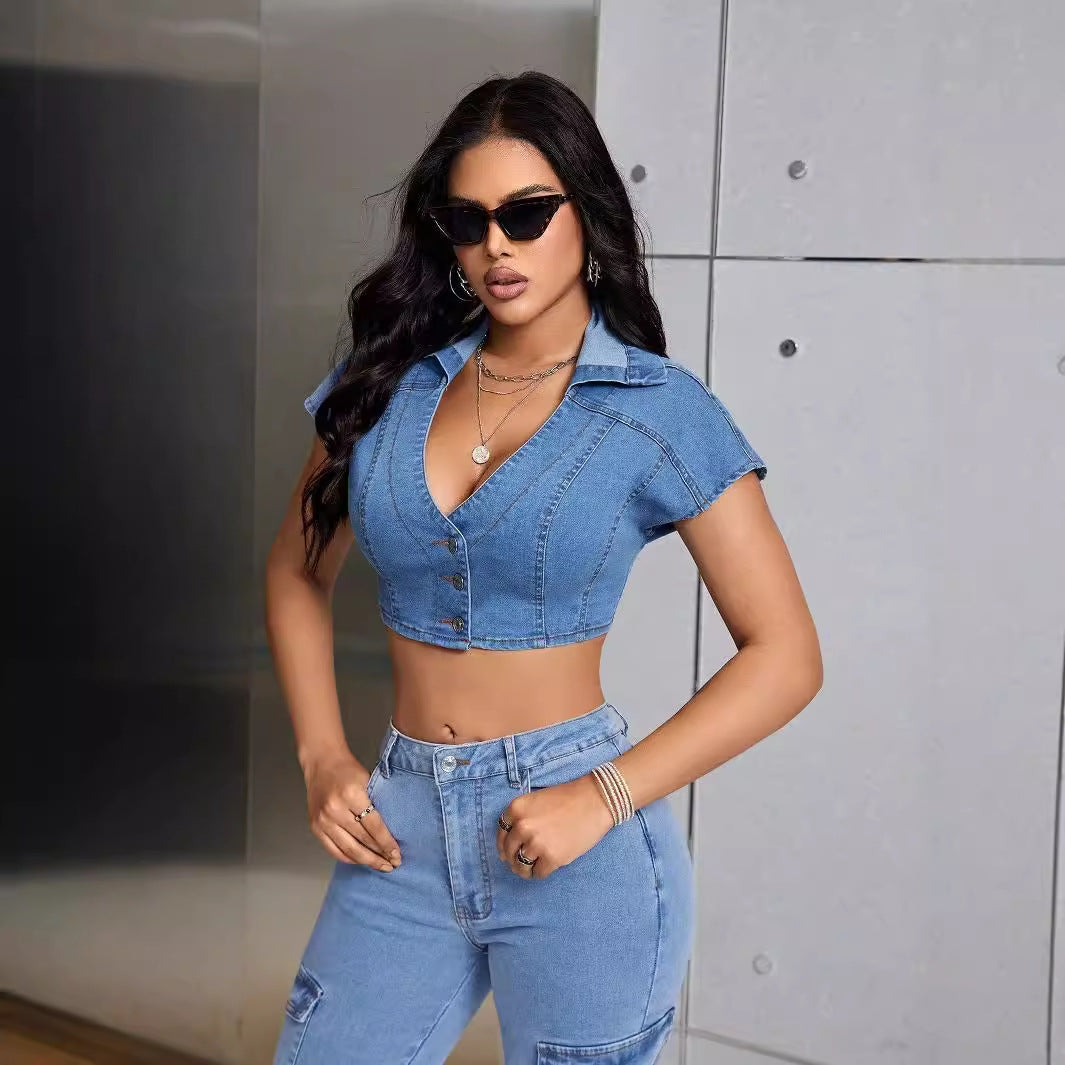 Y2K Cropped Denim Low Cut Top w/Collar & Front Buttons