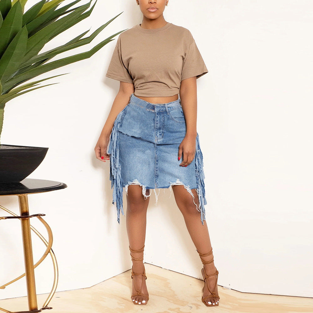 Ladies fringe Denim Washed Tassel Tatted Skirt