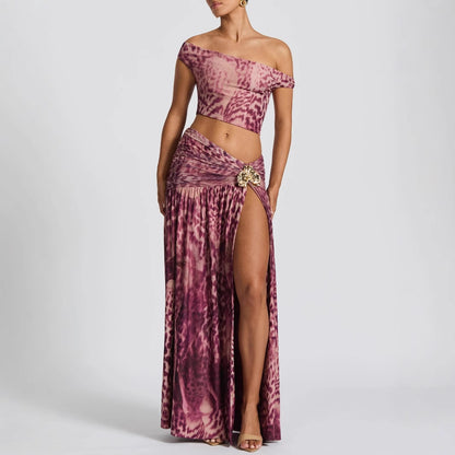 Sexy Pink Animal Print Off  Shoulder Crop Top  with Matching Maxi Skirt High Slit