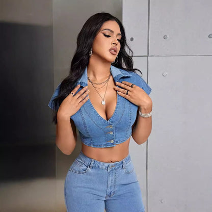 Y2K Cropped Denim Low Cut Top w/Collar & Front Buttons