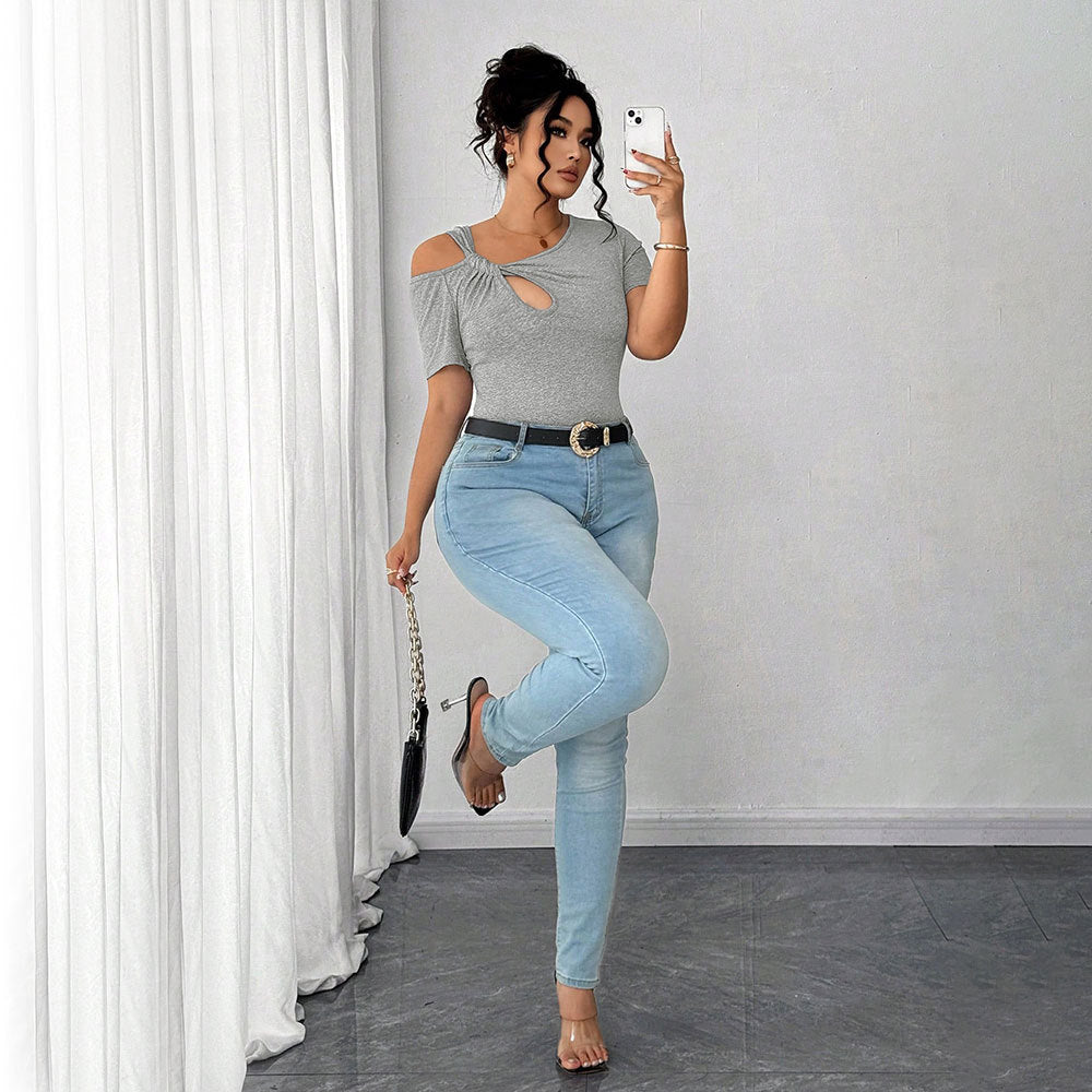 Plus Size  T shirt Twist Design Irregular Asymmetric Short Top