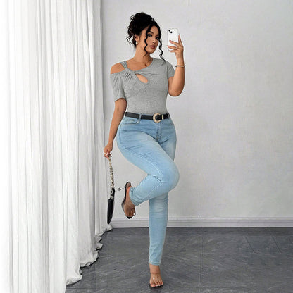 Plus Size  T shirt Twist Design Irregular Asymmetric Short Top