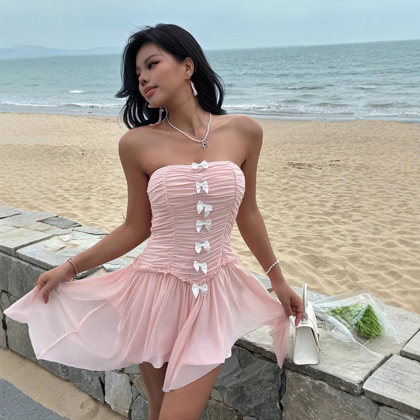 Y2K  Baby Pink Hankie Hem Tube Dress with Contrast Bows