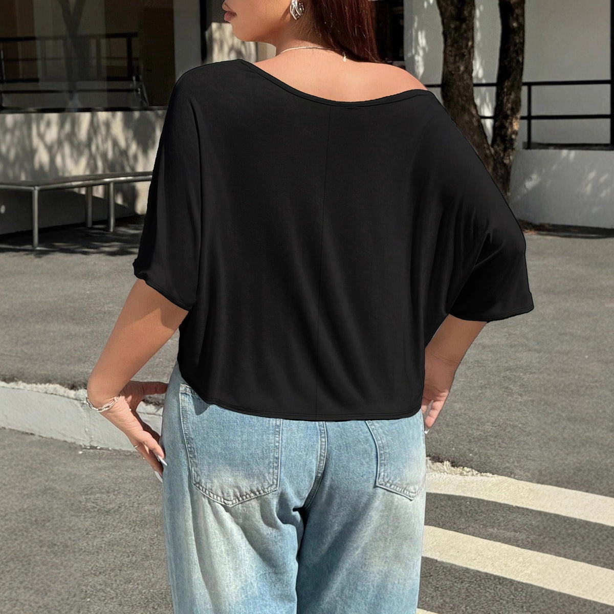Plus Size Loose Off Shoulder Half Sleeve T shirt
