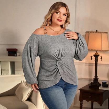 Plus Size Heather Grey Off Shoulder Twisted Long Sleeved W./ Metal Buckle detail