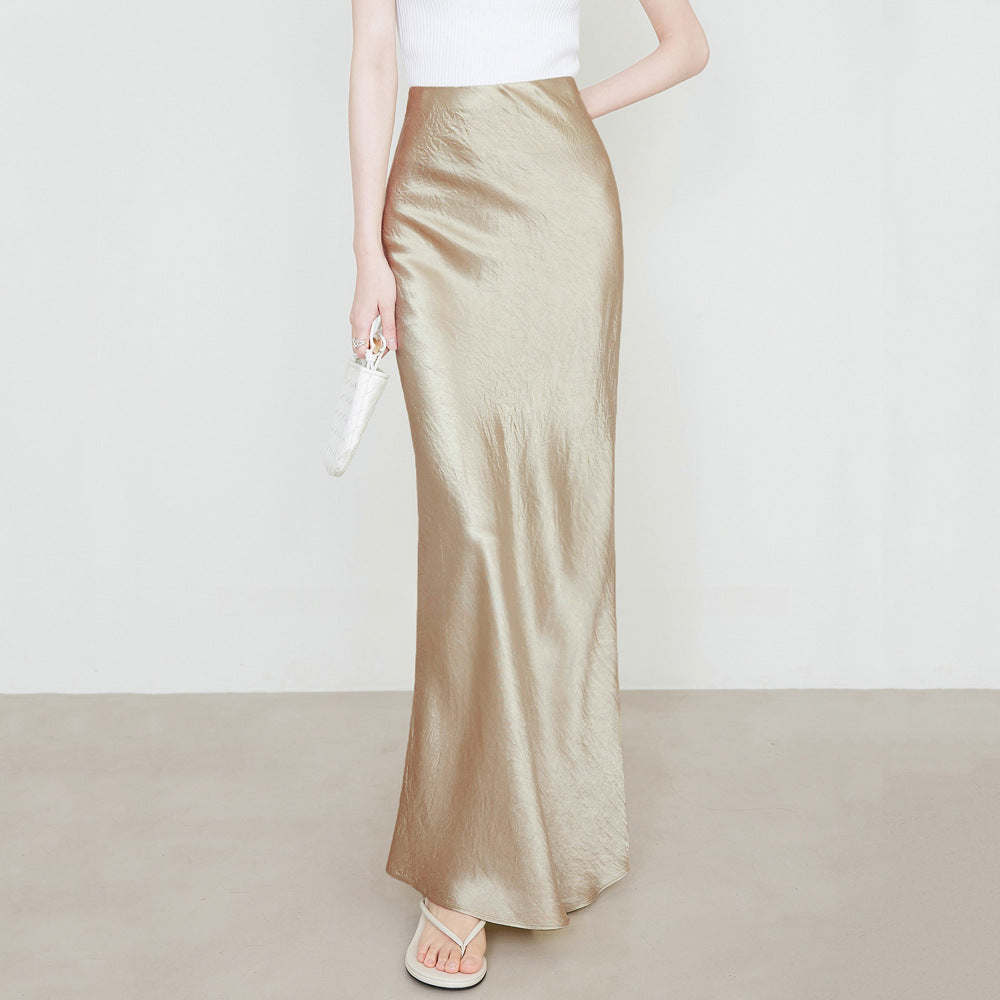 Satin Skirt High Waist Elastic Pattern Long Skirt