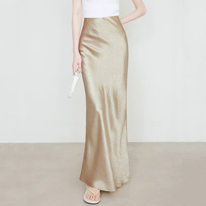 Satin Skirt High Waist Elastic Pattern Long Skirt