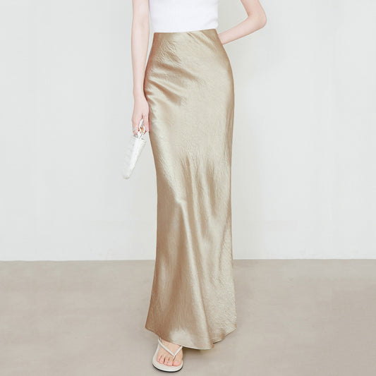 Satin Skirt High Waist Elastic Pattern Long Skirt
