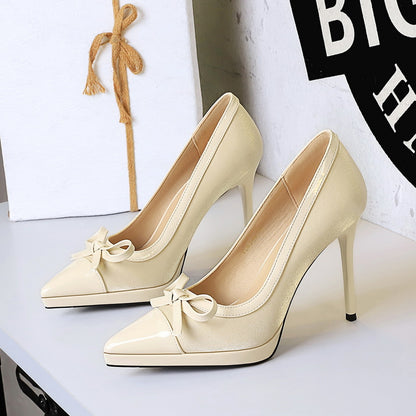 Stitching Pointed Toe Cocktail High Heel Platform Bow Sexy Shoes