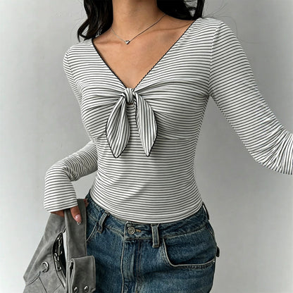 Black/ White Striped Long Sleeve w/ Tie Front Detail