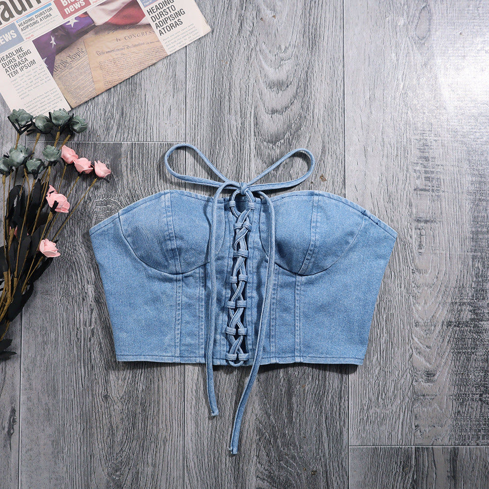 Sexy Denim Y2K Lace up  Tube Top Women