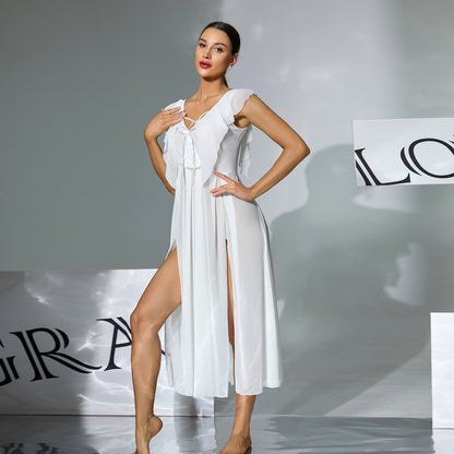 Multicolor Mesh See through Nightdress Ruffled Flying Sleeve Pearl Decoration High Slit Long Sexy Homewear