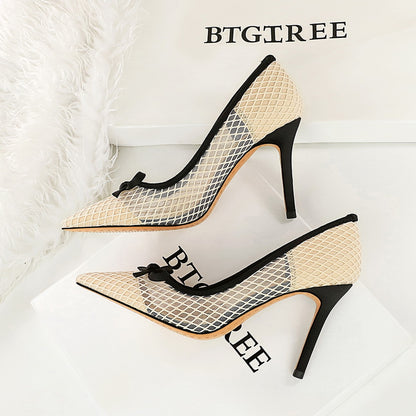 Bow Pointed Shallow Mouth Mesh Lace Stiletto