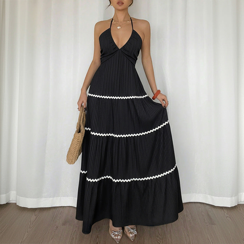 Black  Halter Maxi Dress with Contrast White Trim
