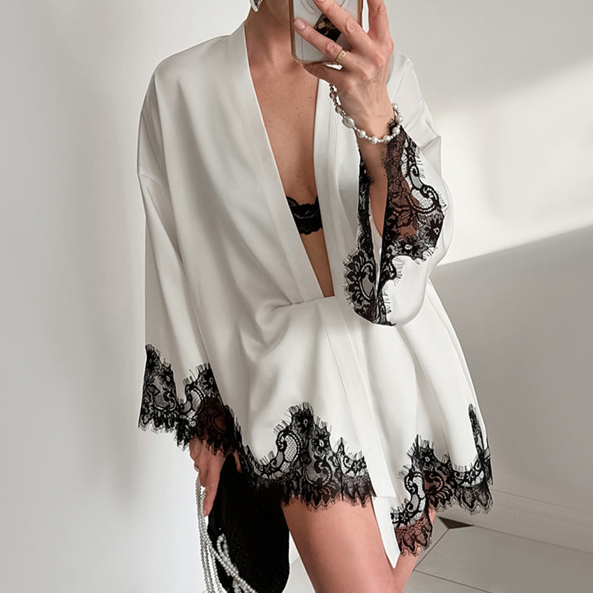 Sexy White Satin Robe w/ Black Eyelash Trim & matching short