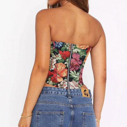 Sexy Tube Top Victorian Floral  Corset with Boning Lace Up Detail