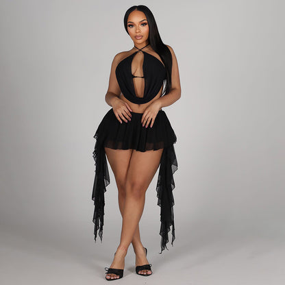 Sheer Pea Mesh   Halter Open Back with Matching Mini Skirt  Festival Vibes