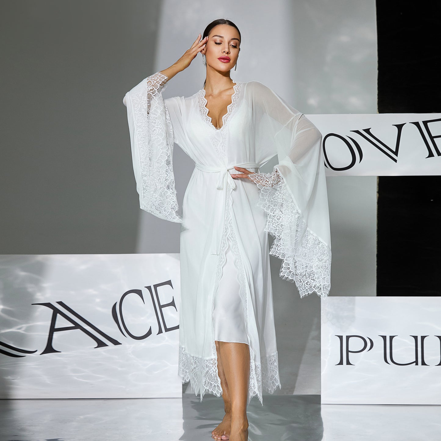 Sexy White 2-Pc set Satin Robe with Chemise Lace Trim Bell Sleeve Robe