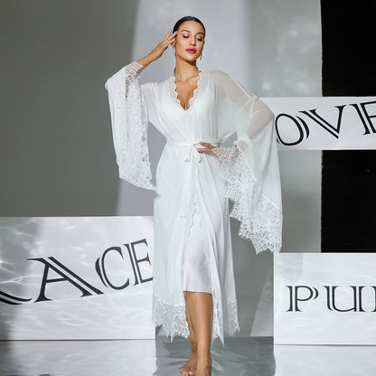 Sexy White 2-Pc set Satin Robe with Chemise Lace Trim Bell Sleeve Robe