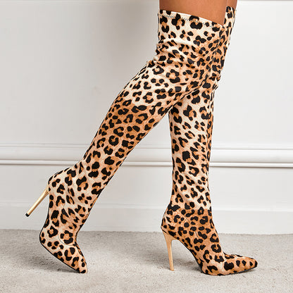 Stiletto Leopard Print  Sexy Slip on Elastic Women Boots