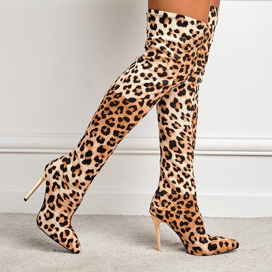 Stiletto Leopard Print  Sexy Slip on Elastic Women Boots