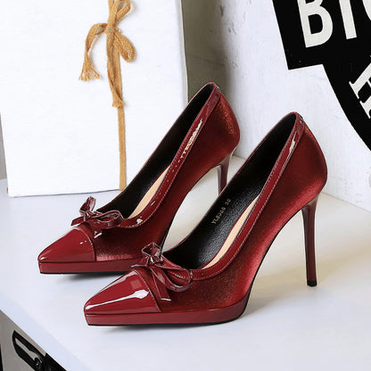 Stitching Pointed Toe Cocktail High Heel Platform Bow Sexy Shoes