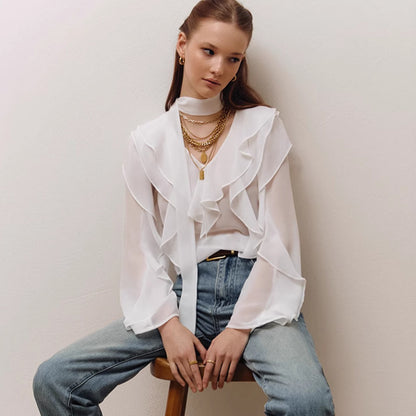 V neck Flounce Long Sleeve Loose Shirt Design Office All Matching Top