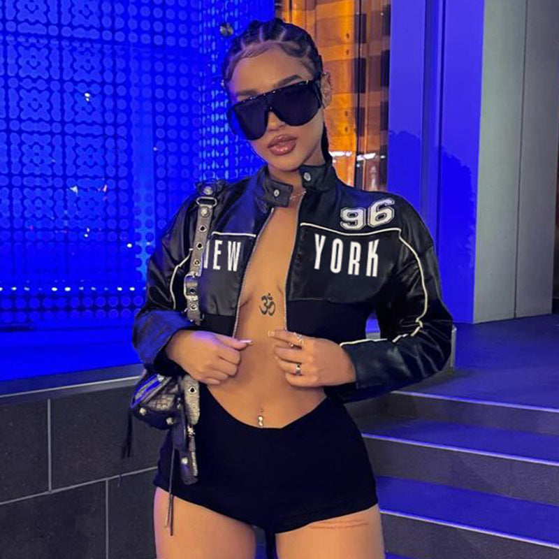 Pleather Vegan Leather Contrast Color Bud Stripe Numbers Cropped New York