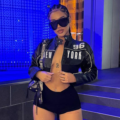 Pleather Vegan Leather Contrast Color Bud Stripe Numbers Cropped New York