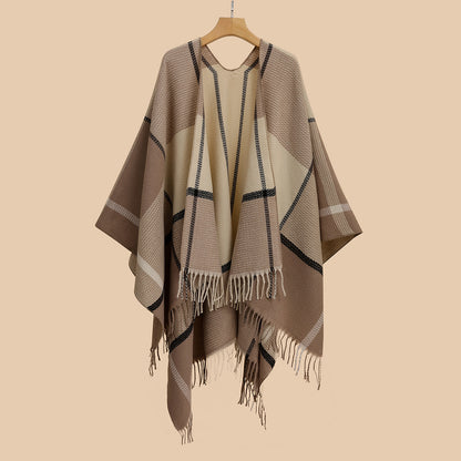 Plaid Double-Sided Plaid Shawl w/ Fringe Trim