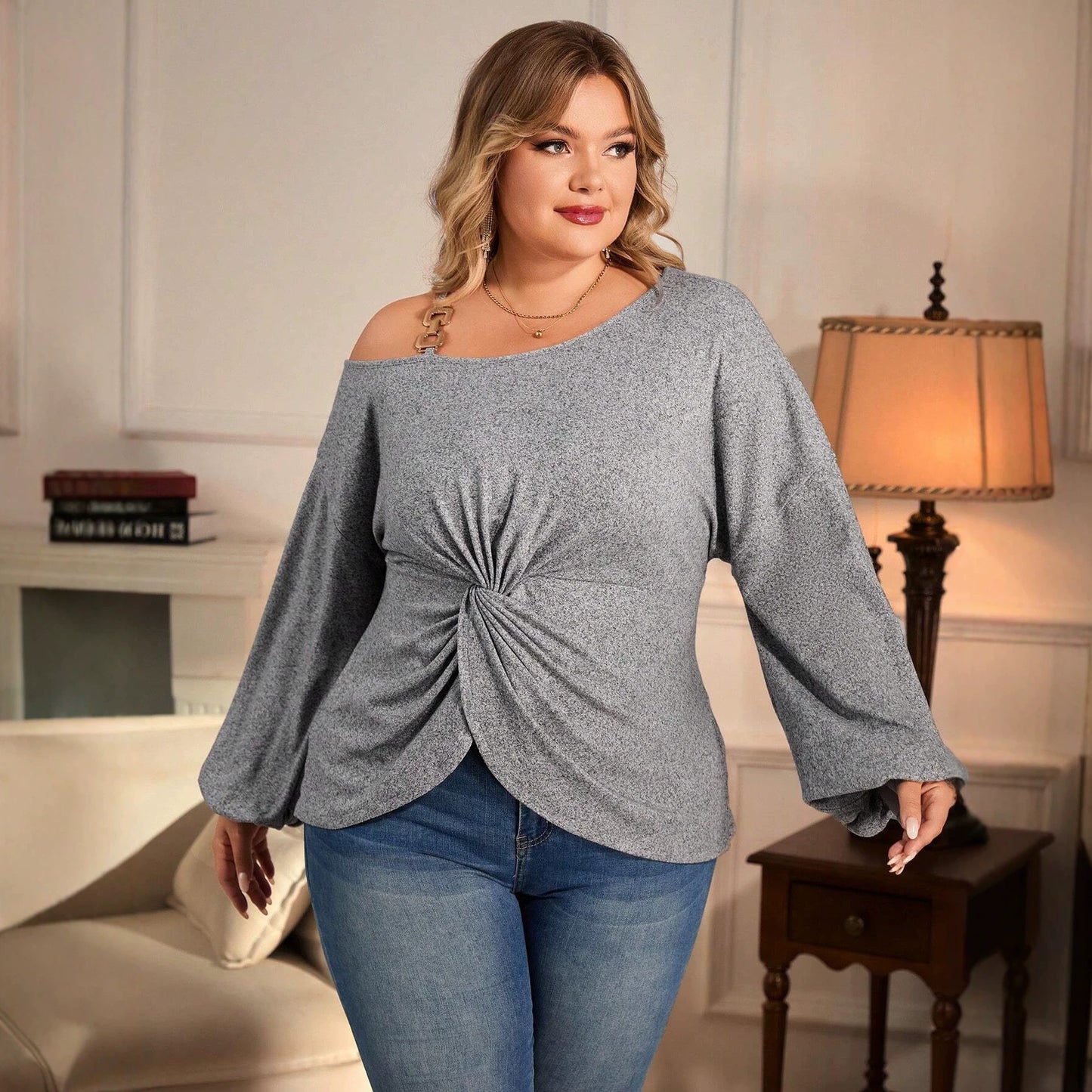 Plus Size Heather Grey Off Shoulder Twisted Long Sleeved W./ Metal Buckle detail