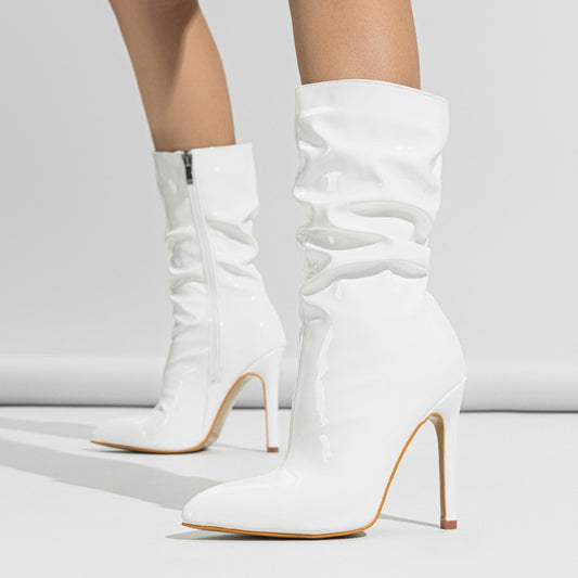 Supply Pointed Stiletto Heel Pile Boots Patent Leather Nude Shoes Short High Heel Riding Boots