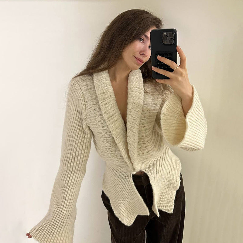 Deep V Plunge neck Sexy Hollow Out Cutout Loose Sweater Cardigan