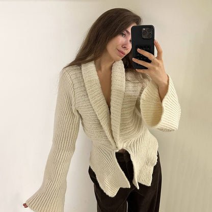 Deep V Plunge neck Sexy Hollow Out Cutout Loose Sweater Cardigan