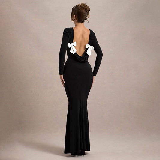 Black Sexy Backless Bow Long Sleeve Narrow Maxi Dress