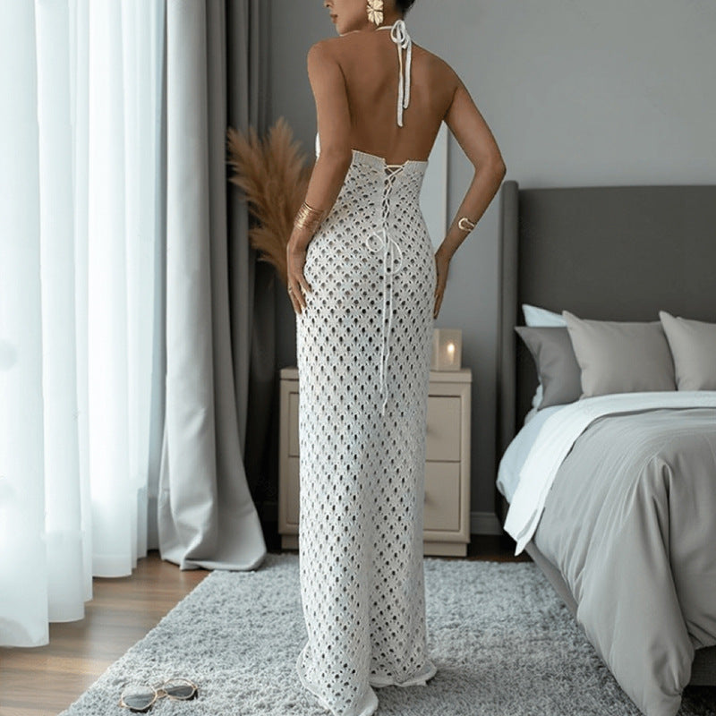 White Crochet  Out Cutout  Backless Lace up Dress