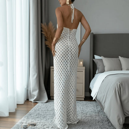 White Crochet  Out Cutout  Backless Lace up Dress