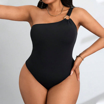 Plus Size Women One Shoulder Bodysuit with Handwear