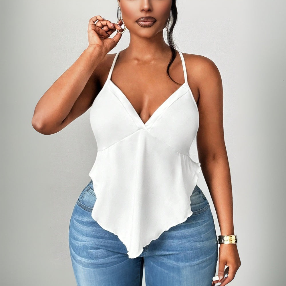 Plus Size Sexy Sling Hankie Hem   Backless Spaghetti Strap  Top