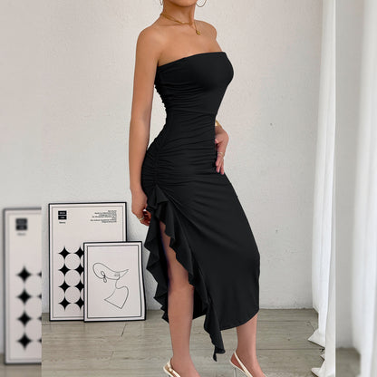 Strapless Long Slim Fit Dress w/ Ruffle on Side