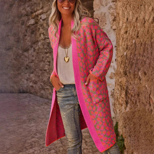 Pink Leopard Print  Retro Pocket Long Maxi Sweater