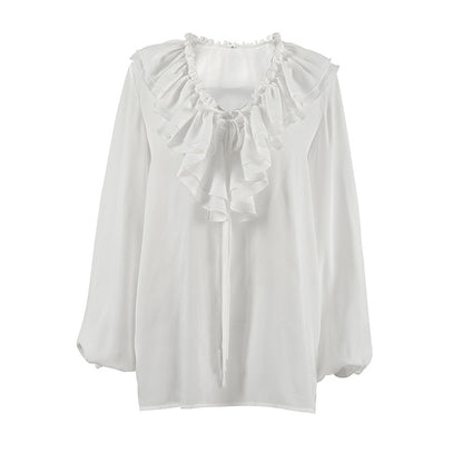 White Chiffon V neck Flounce Lace up Long Sleeve Balloon Sleeve